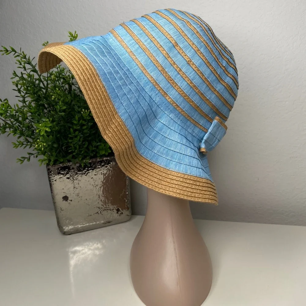 Tahari Womens Wide Brim Floppy Sun Hat Blue Tan Striped Bow‎ Detail Costal Chic